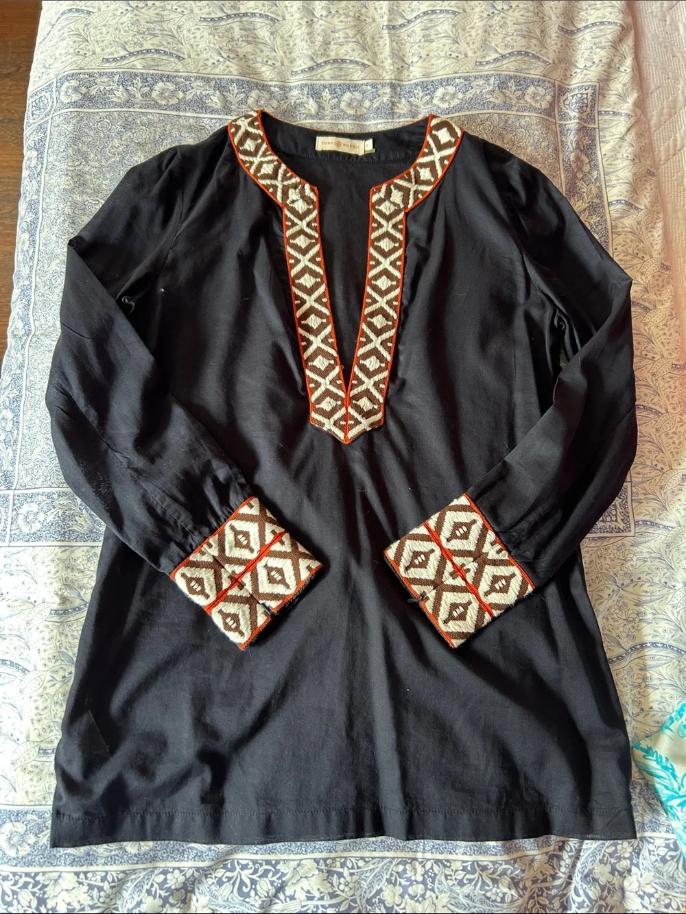 Black Embroidered V-Neck Tunic Top